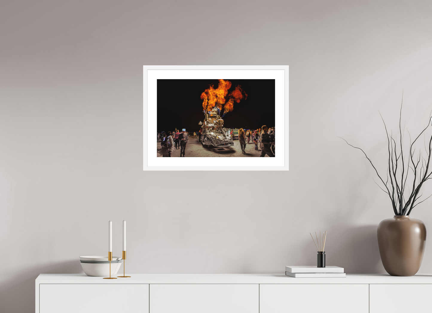 24 x 16″, Solid 0.8" White Wood Frame With 2" Natural White Passe-Partout with Museum Glass Burning Man - Art Car with Flames