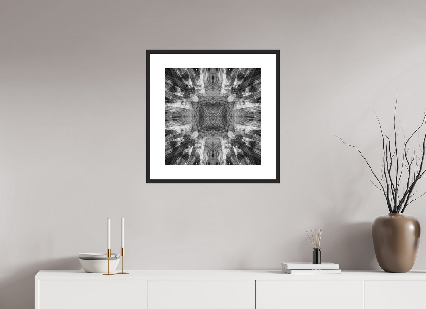 20 x 20″, Solid 0.8" Black Wood Frame With 3" Natural White Passe-Partout with Museum Glass Architectual Abstraction