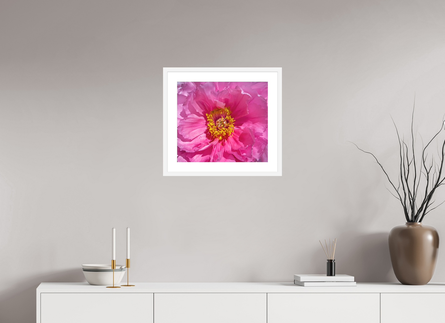 18 x 16″, Solid 0.8" White Wood Frame With 2" Natural White Passe-Partout with Museum Glass Pink Flower