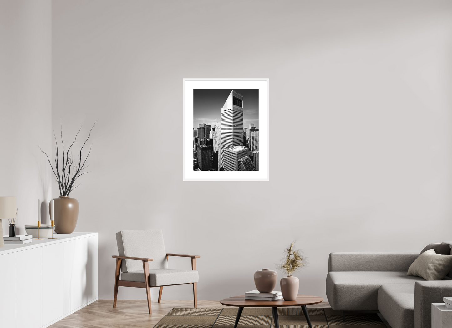 24 x 30″, Solid 0.8" White Wood Frame With 3" Natural White Passe-Partout with Museum Glass Citigroup Tower