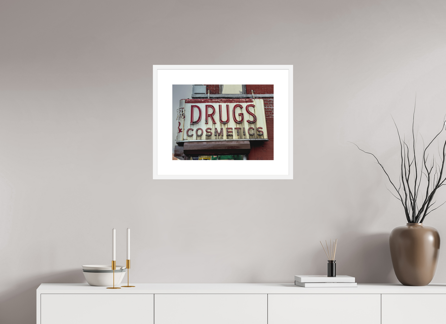 20 x 15″, Solid 0.8" White Wood Frame With 3" Natural White Passe-Partout with Museum Glass Drug Cosmetics Sign