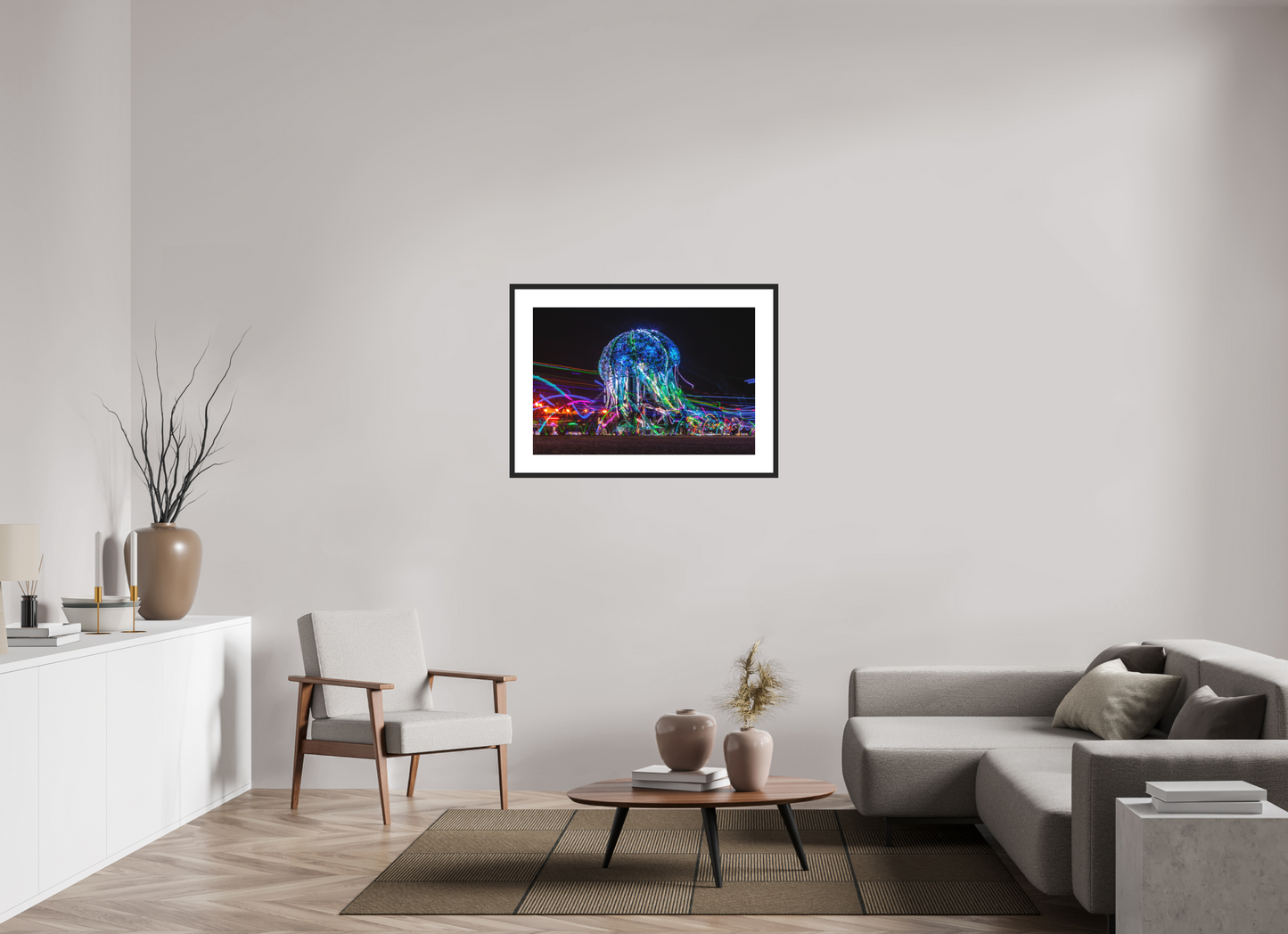 36 x 24″, Solid 0.8" Black Wood Frame With 3" Natural White Passe-Partout with Museum Glass Burning Man - Glass Jellyfish