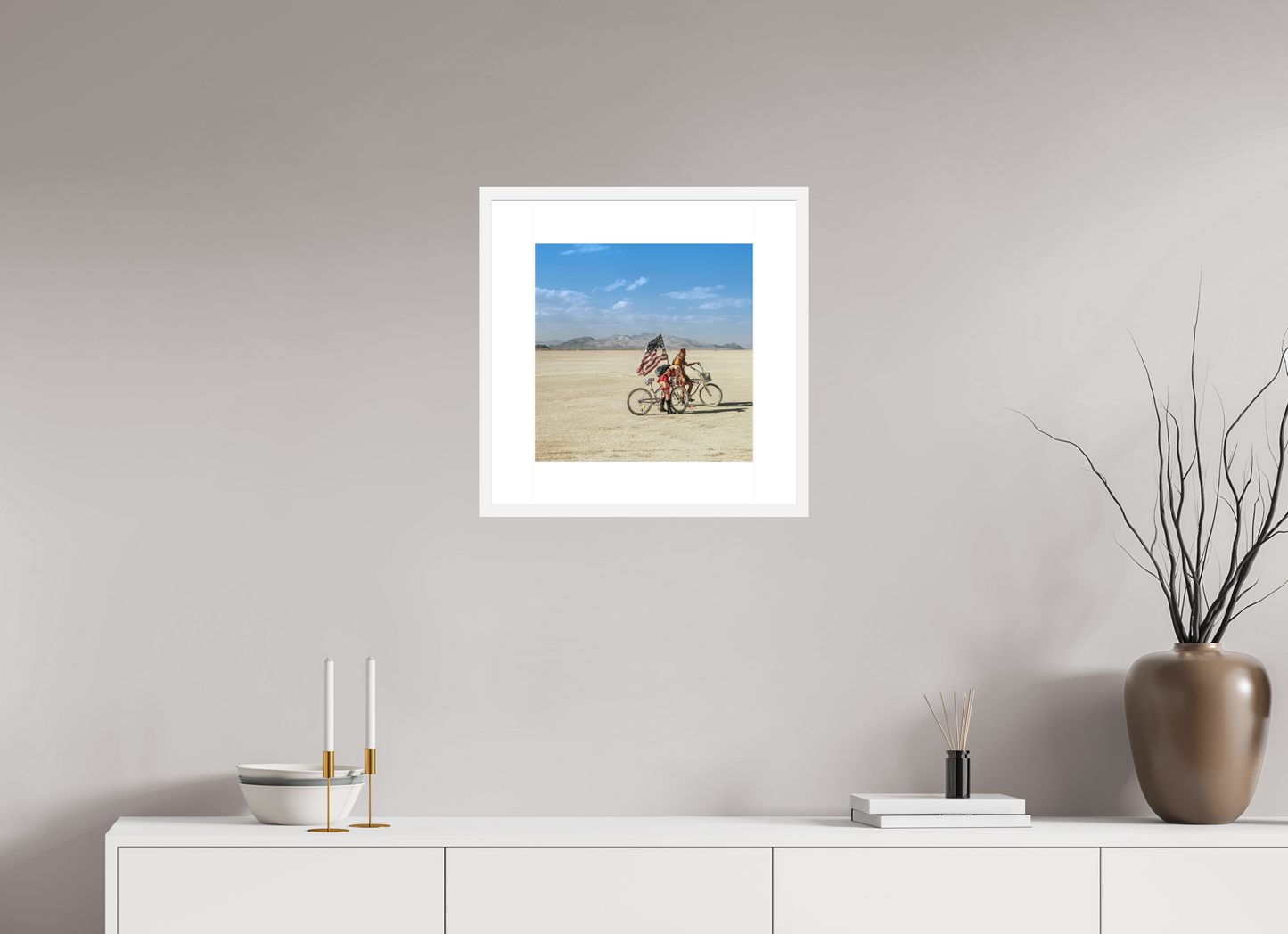 15 x 15″, Solid 0.8" White Wood Frame With 3" Natural White Passe-Partout with Museum Glass Burning Man - Two with Bikes and USA Flag (square format)