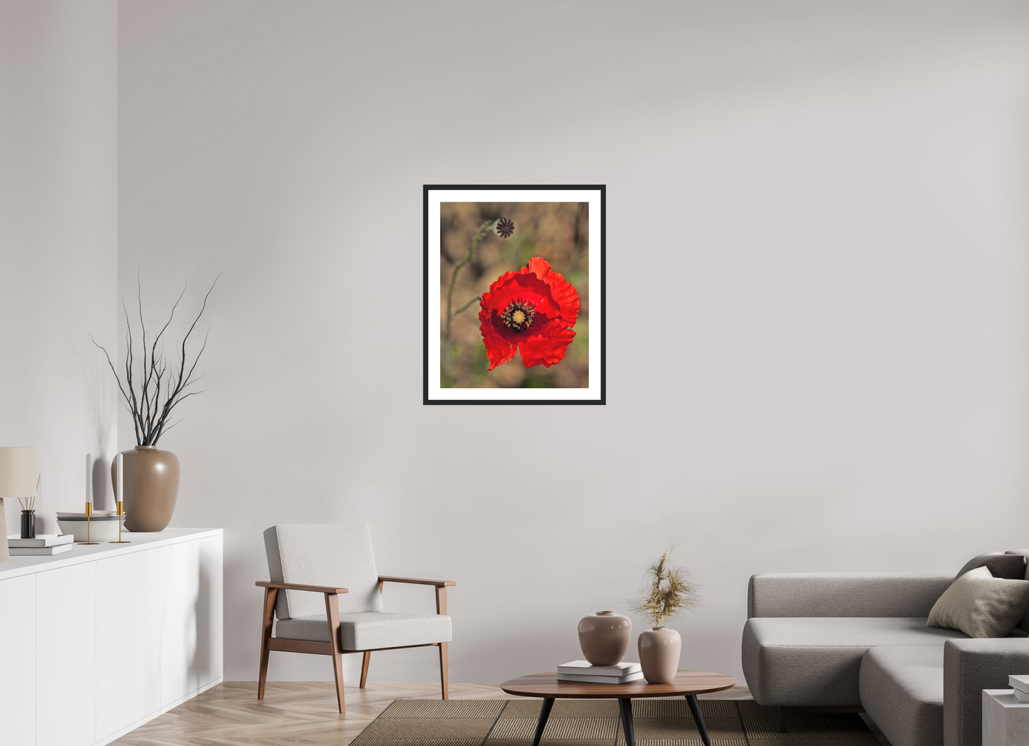 24 x 30″, Solid 0.8" Black Wood Frame With 2" Natural White Passe-Partout with Museum Glass Poppy