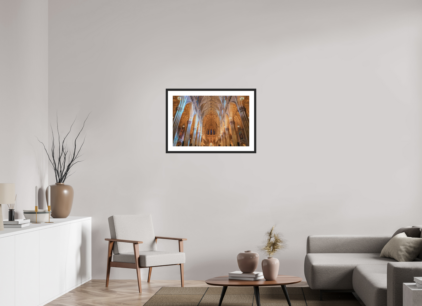 30 x 20″, Solid 0.8" Black Wood Frame With 2" Natural White Passe-Partout with Museum Glass St. Patrick's Cathedral