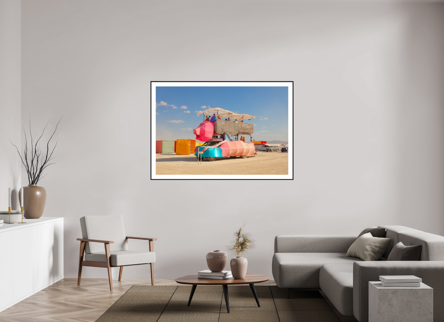 60 x 40″, Black Matte Frame Burning Man - Art Car Ponco