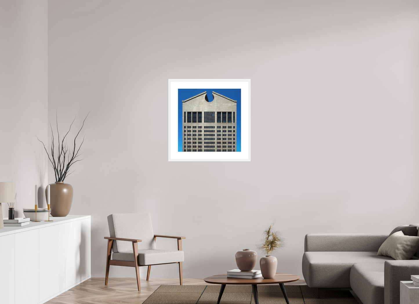 25 x 25″, Solid 0.8" White Wood Frame With 3" Natural White Passe-Partout with Museum Glass The Chippendale Building