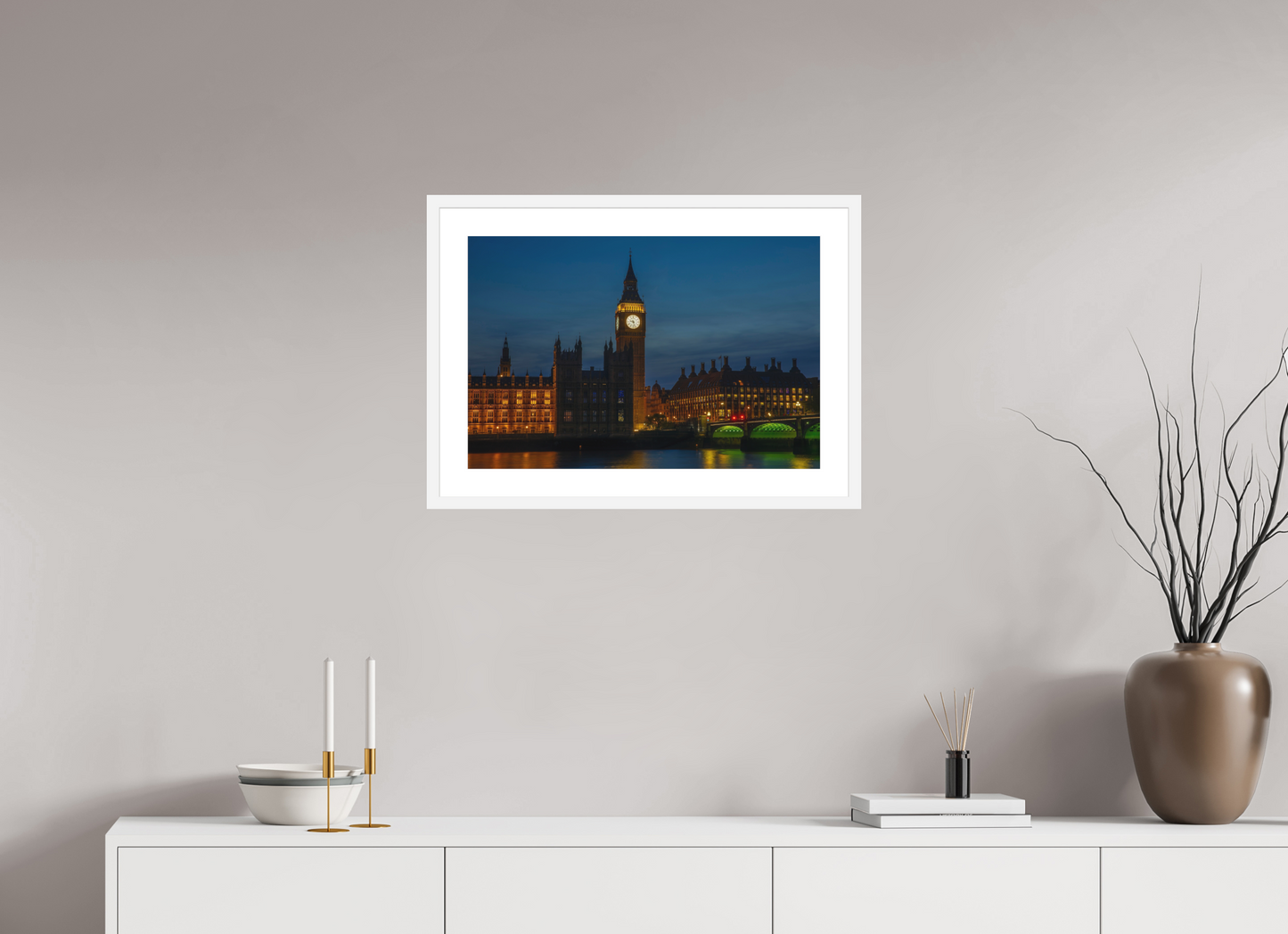 24 x 16″, Solid 0.8" White Wood Frame With 2" Natural White Passe-Partout with Museum Glass Big Ben