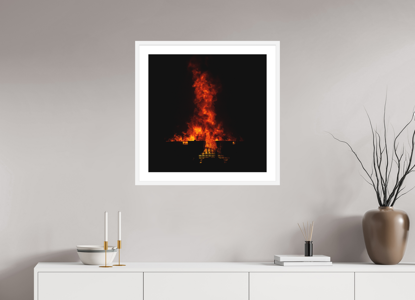 25 x 25″, Solid 0.8" White Wood Frame With 2" Natural White Passe-Partout with Museum Glass Burning Man - Flames