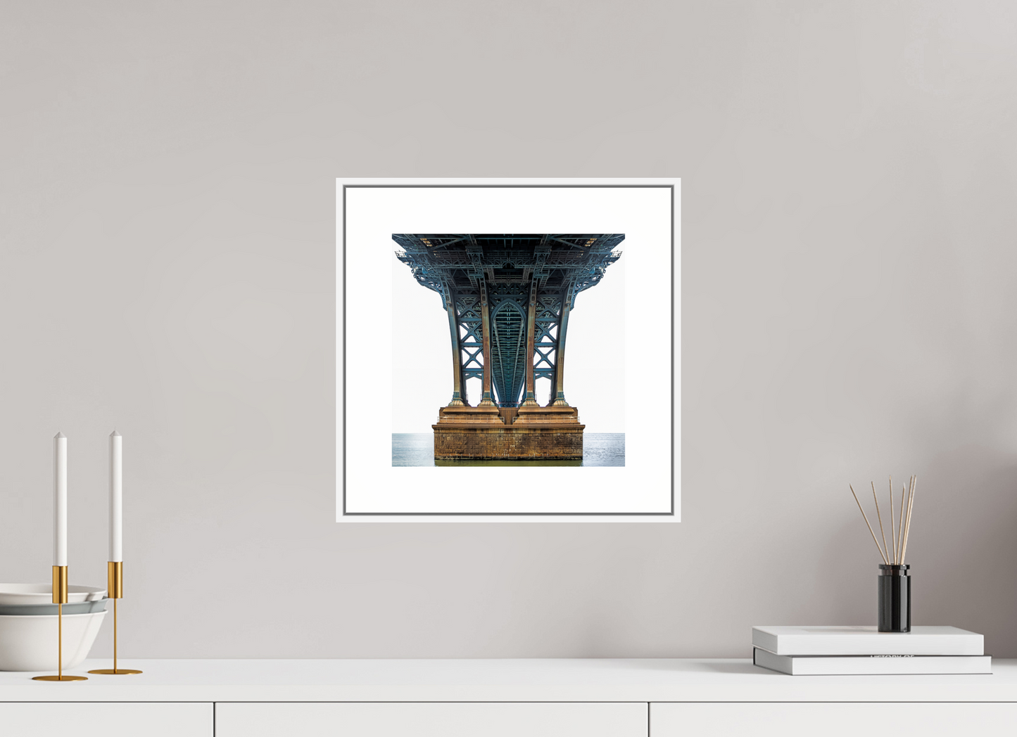 10 x 10″, White Matte Frame Manhattan Bridge