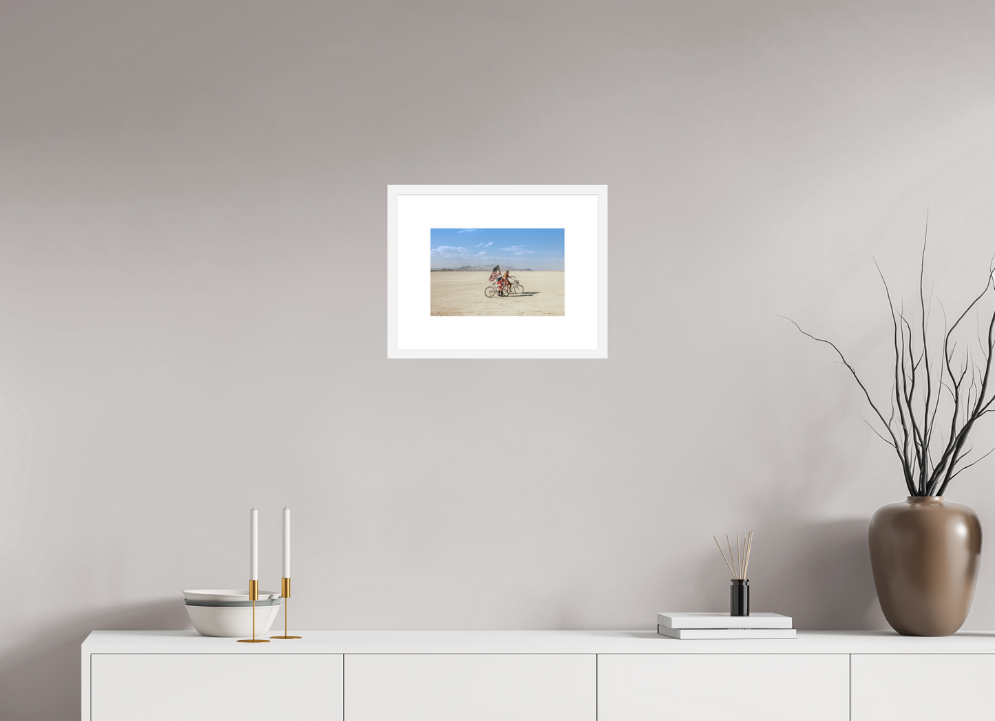 12 x 8″, Solid 0.8" White Wood Frame With 3" Natural White Passe-Partout with Museum Glass Burning Man - Two with Bikes and USA Flag