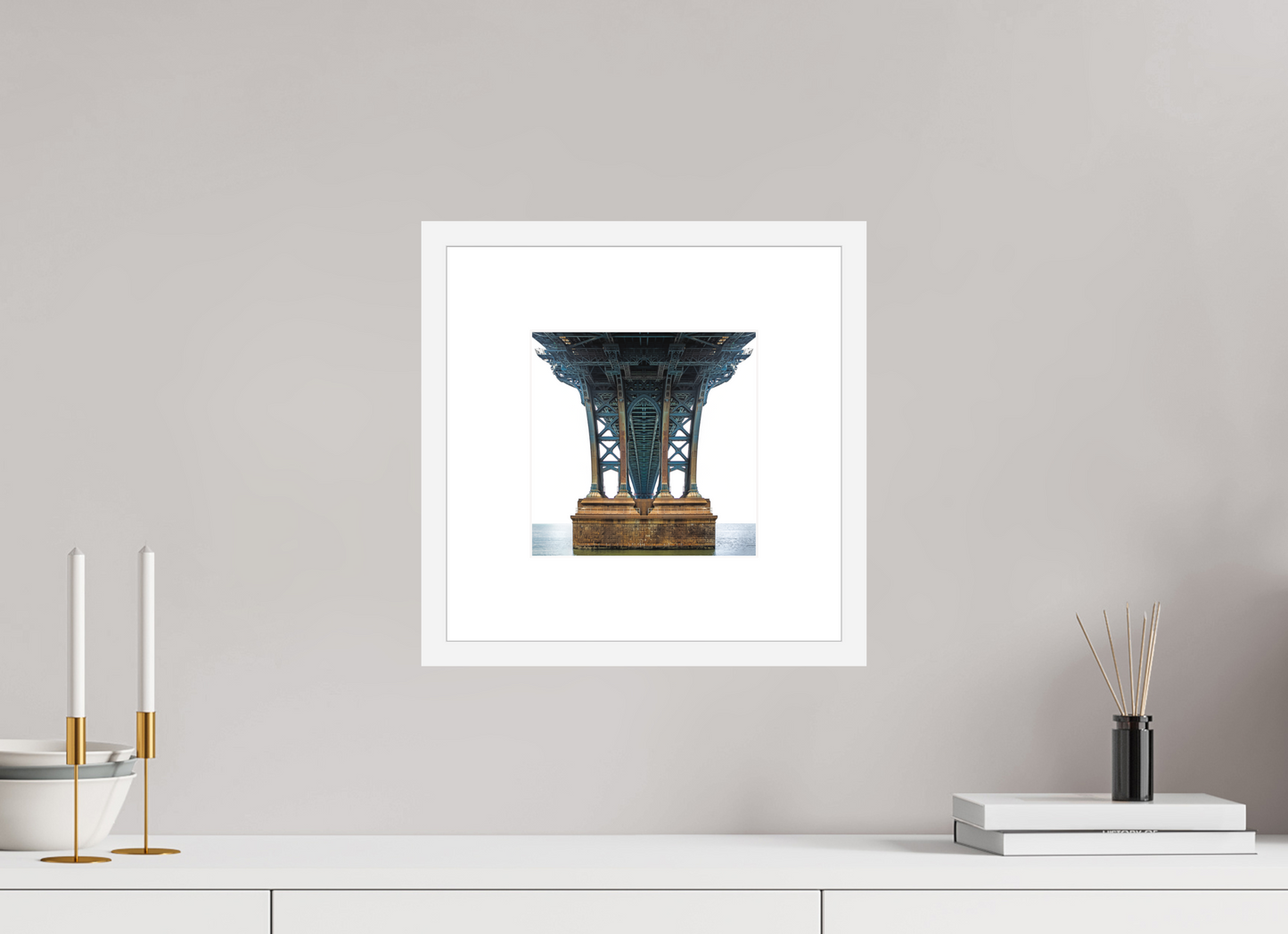 8 x 8″, Solid 0.8" White Wood Frame With 3" Natural White Passe-Partout with Museum Glass Manhattan Bridge