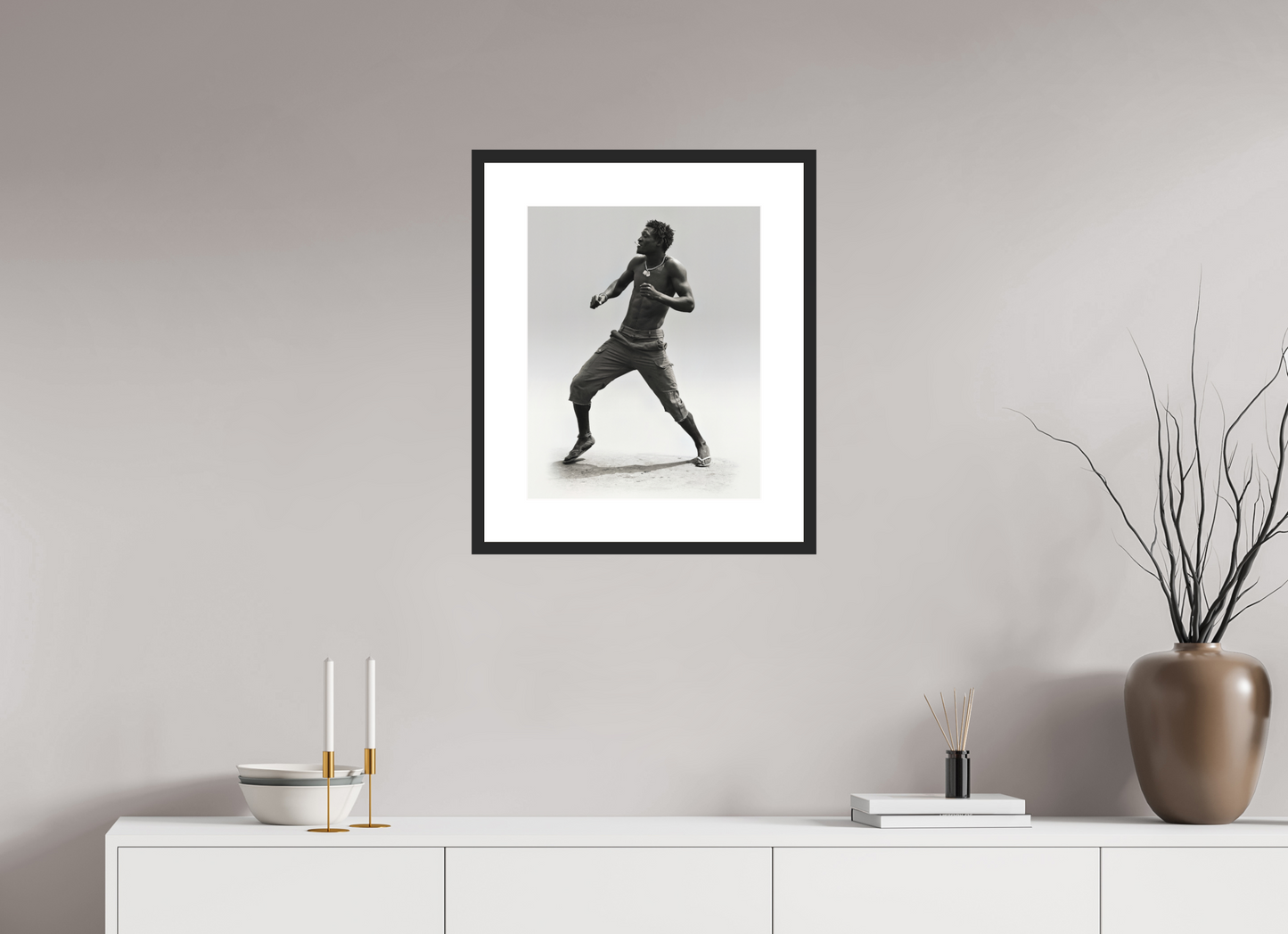 16 x 20″, Solid 0.8" Black Wood Frame With 3" Natural White Passe-Partout with Museum Glass Angolan Man Dancing