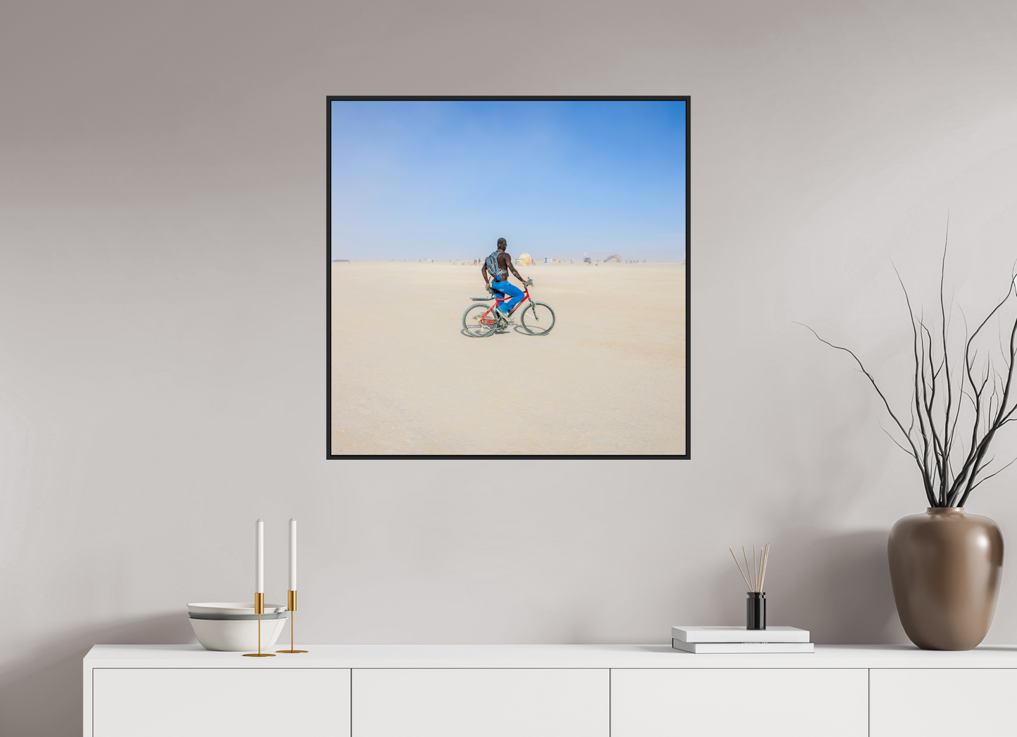 30 x 30″, Black Matte Frame, No Border Burning Man - Man on Red Bike
