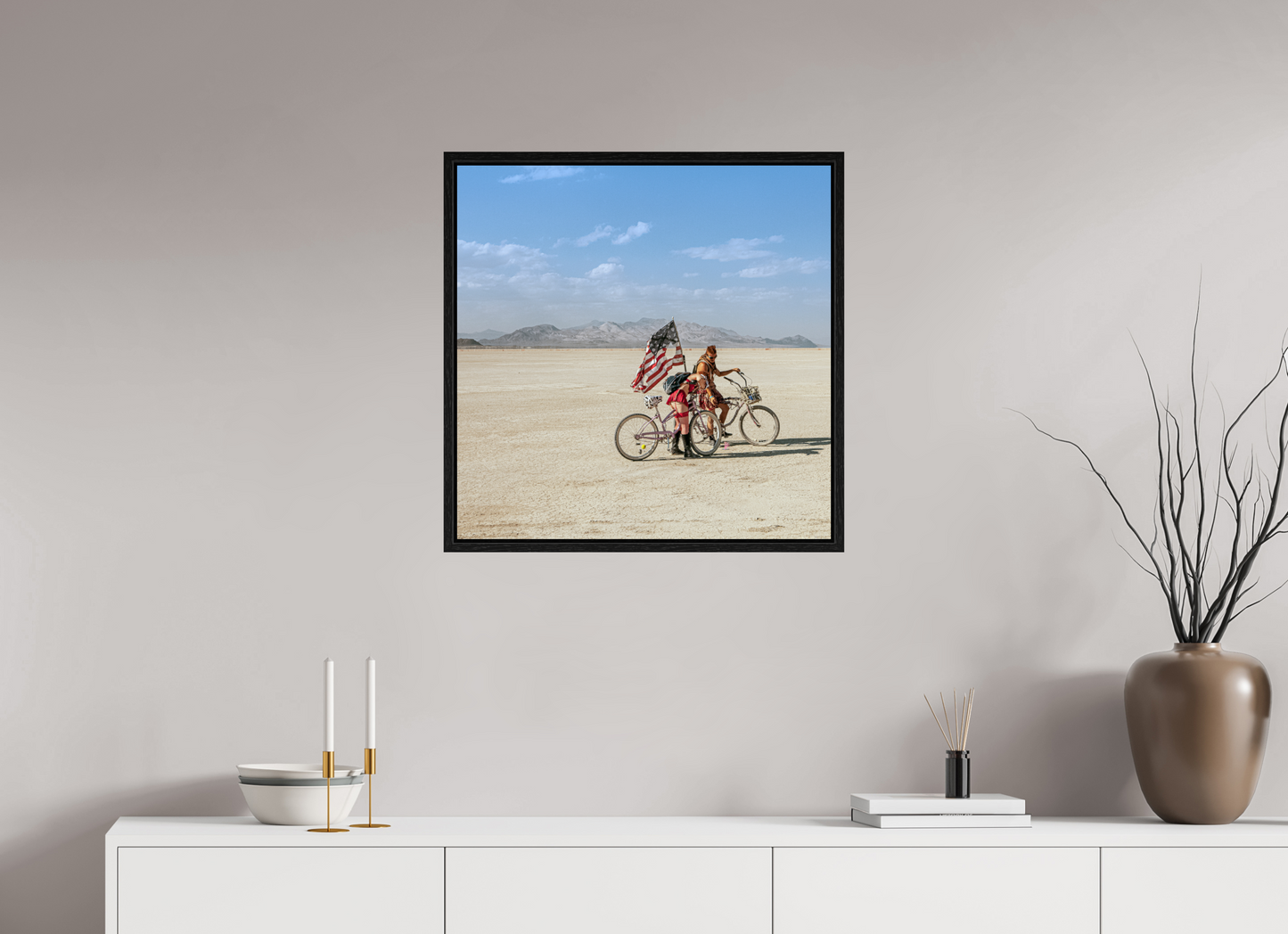 25 x 25″, Floater Frame Burning Man - Two with Bikes and USA Flag