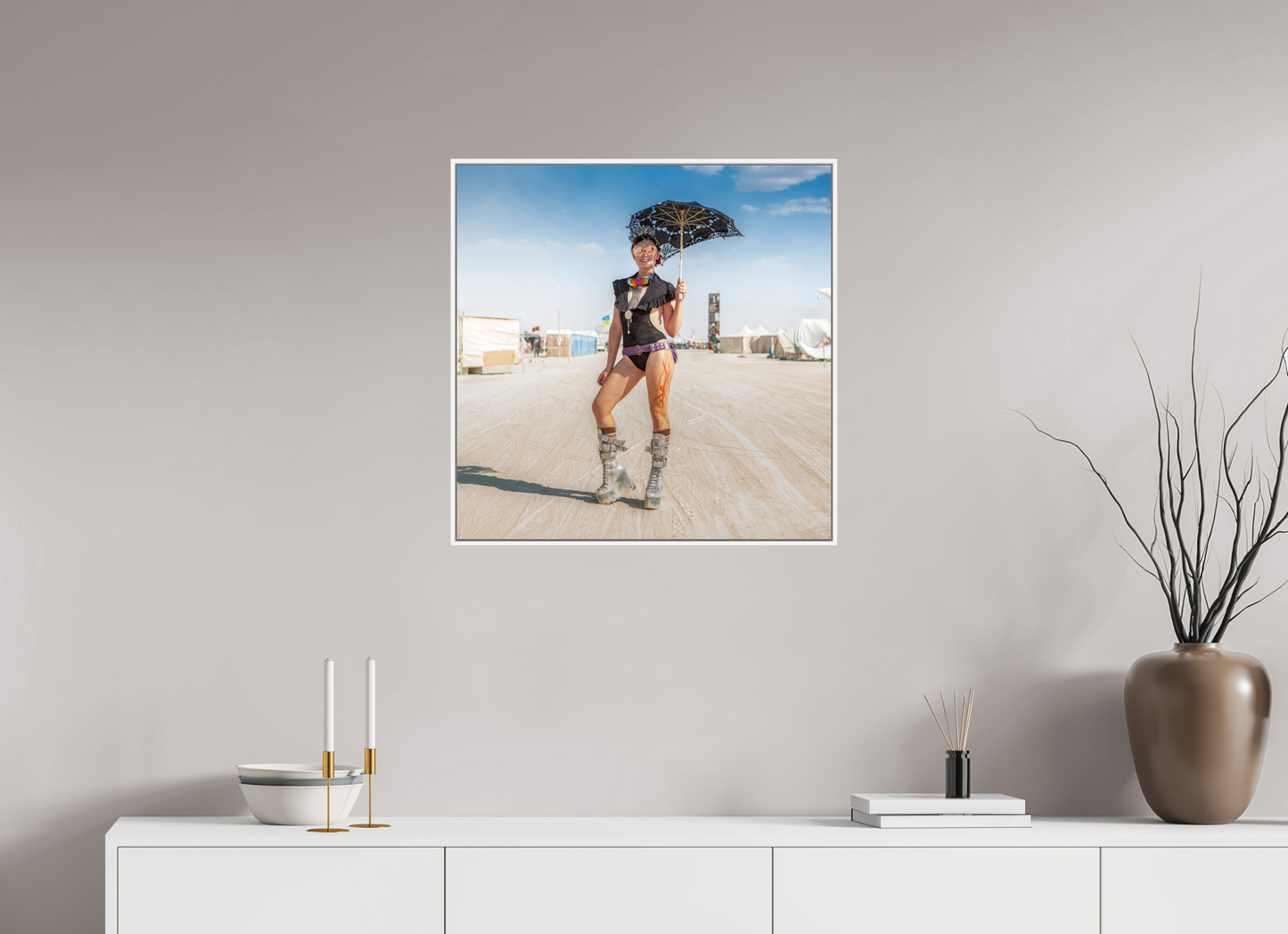 25 x 25″, White Matte Frame, No Border Burning Man - Attendee with Parasol
