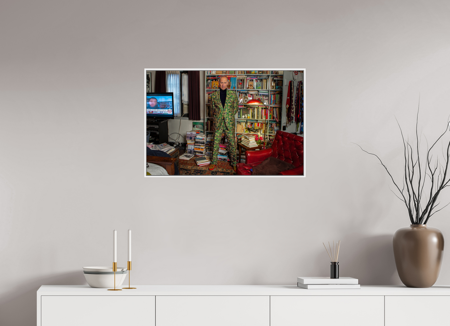 30 x 20″, White Matte Frame, No Border Director John Waters in his Bedroom with TV