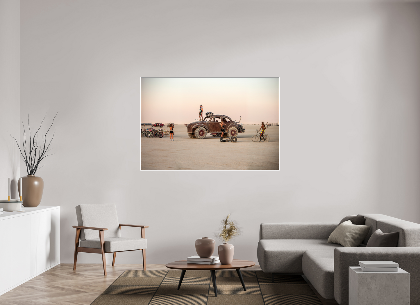 66 x 44″, White Matte Frame, No Border Burning Man - Art Car Large VW FF