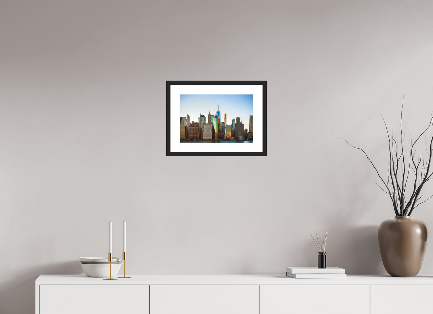 15 x 10″, Solid 0.8" Black Wood Frame With 2" Natural White Passe-Partout with Museum Glass Lower Manhattan