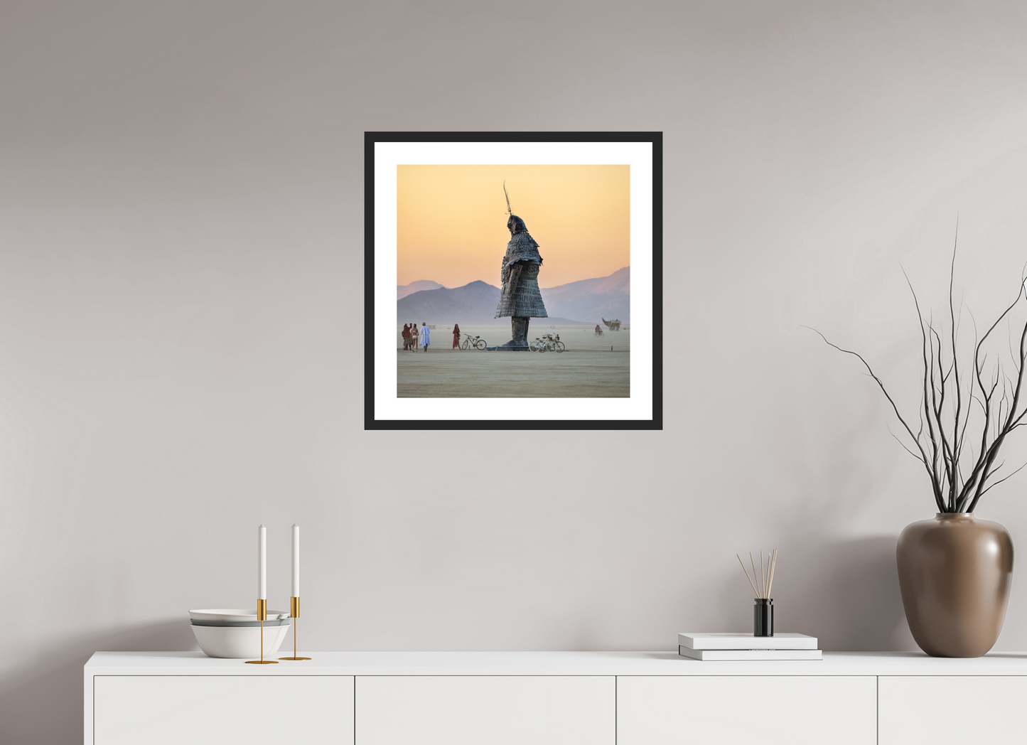 20 x 20″, Solid 0.8" Black Wood Frame With 2" Natural White Passe-Partout with Museum Glass Burning Man - The Samurai with Admirer (square format)