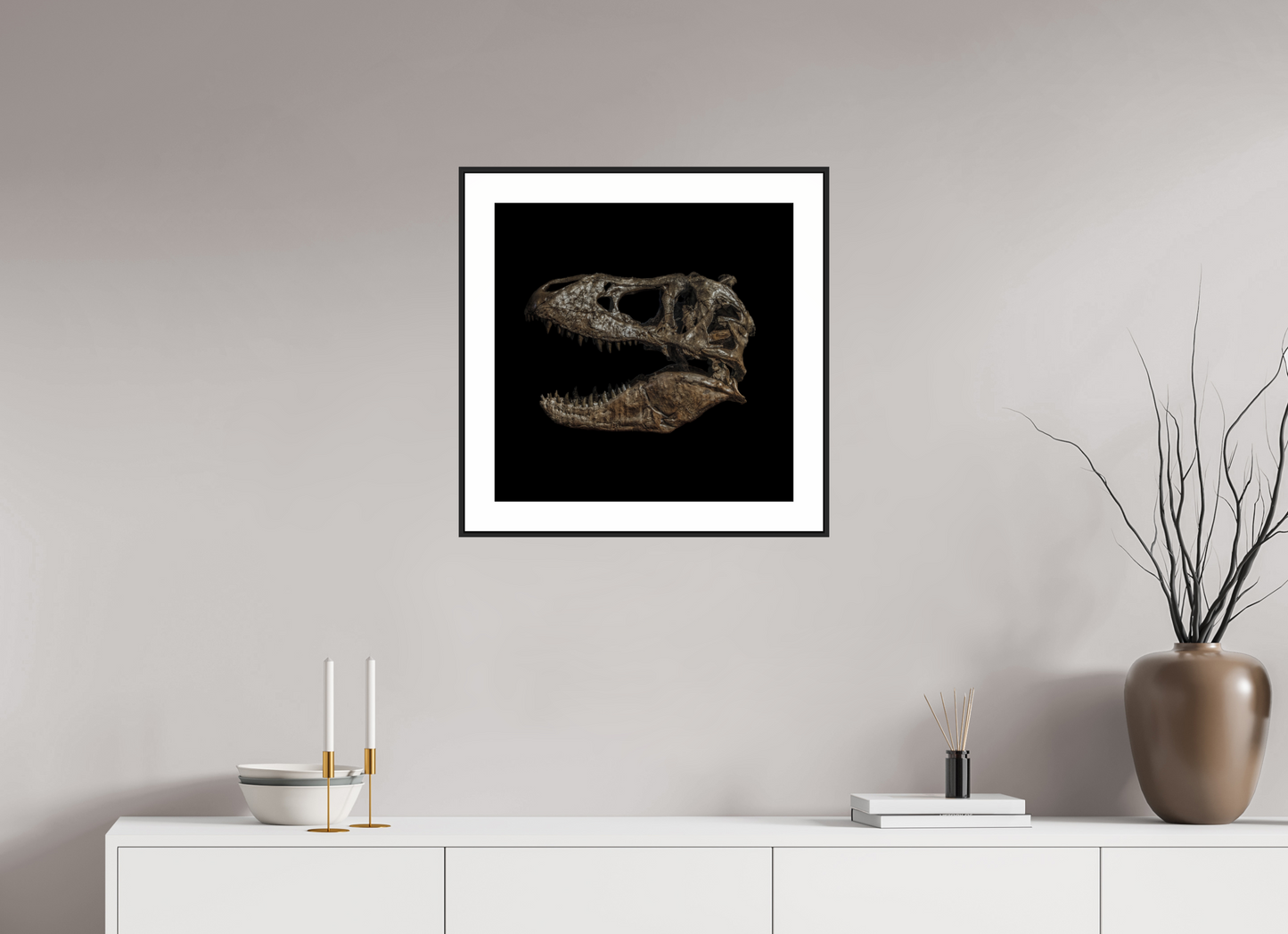 20 x 20″, Black Matte Frame T-Rex Skull