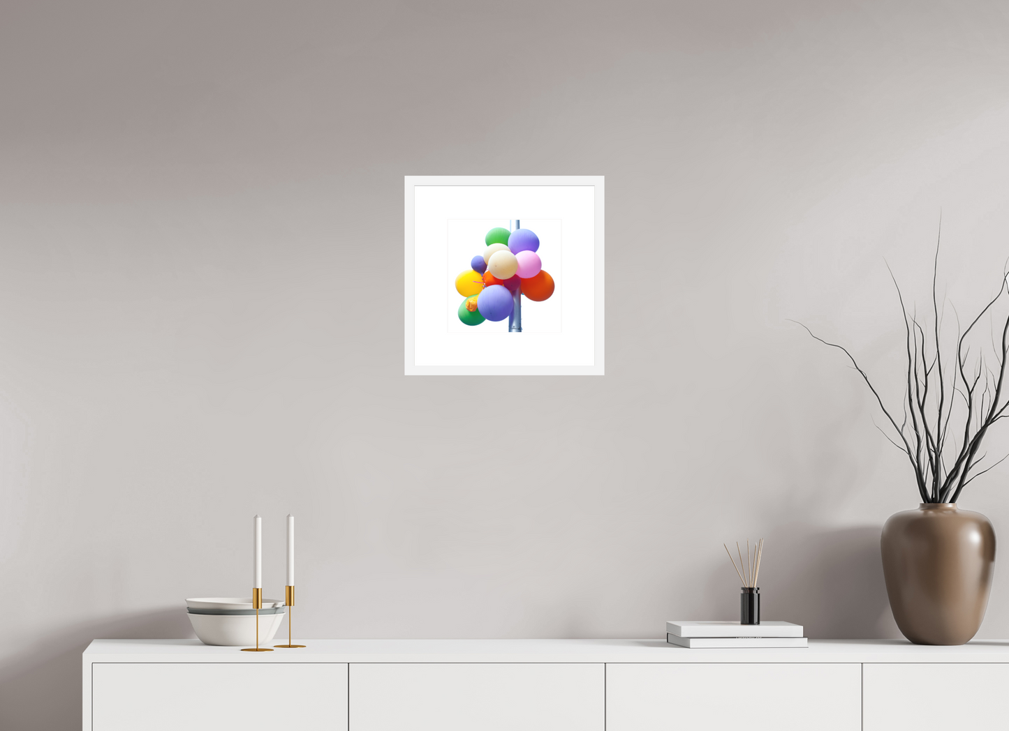 10 x 10″, Solid 0.8" White Wood Frame With 3" Natural White Passe-Partout with Museum Glass Colorful Ballons Tied to a Lamp Post