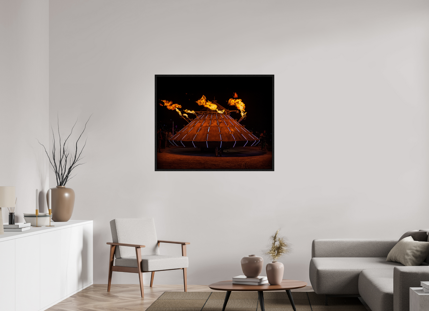 43.7 x 35″, Floater Frame Burning Man - Da Vinci Tank with Flames