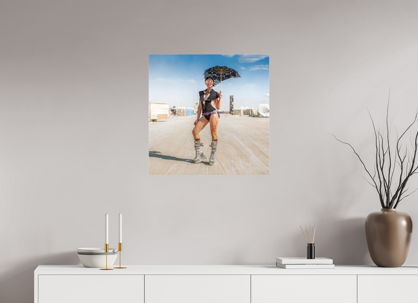 25 x 25″, Frameless Acrylic Glass Burning Man - Attendee with Parasol