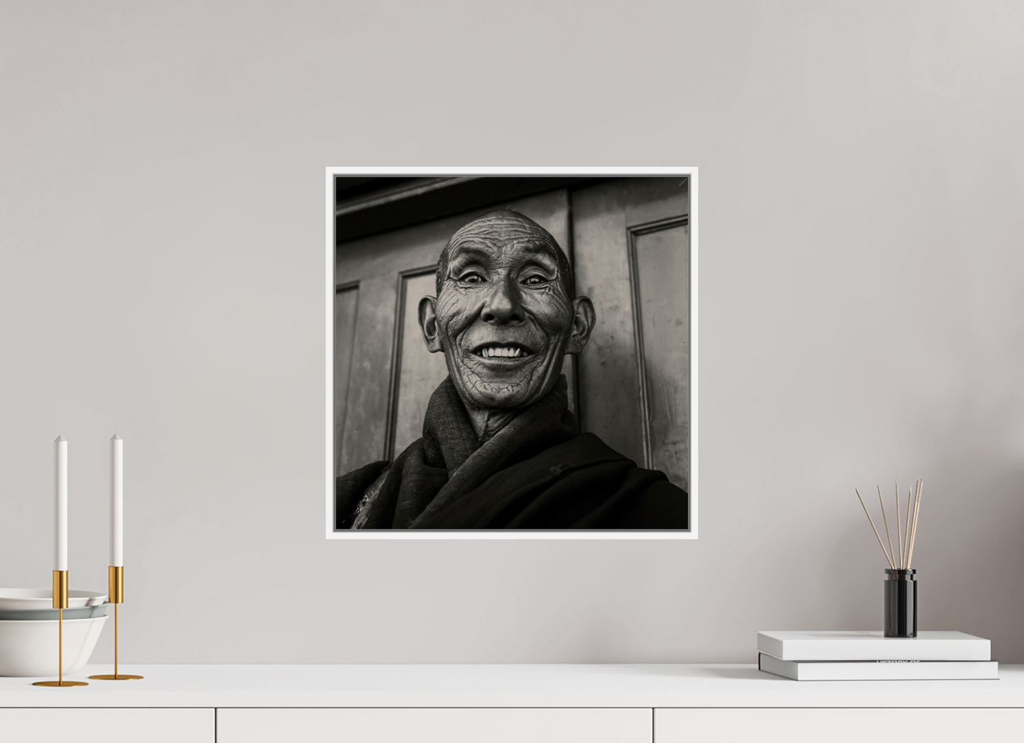 15 x 15″, White Matte Frame, No Border Reincarnated Tibetan Monk