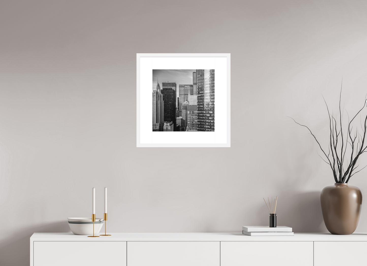 15 x 15″, Solid 0.8" White Wood Frame With 3" Natural White Passe-Partout with Museum Glass Midtown New York City