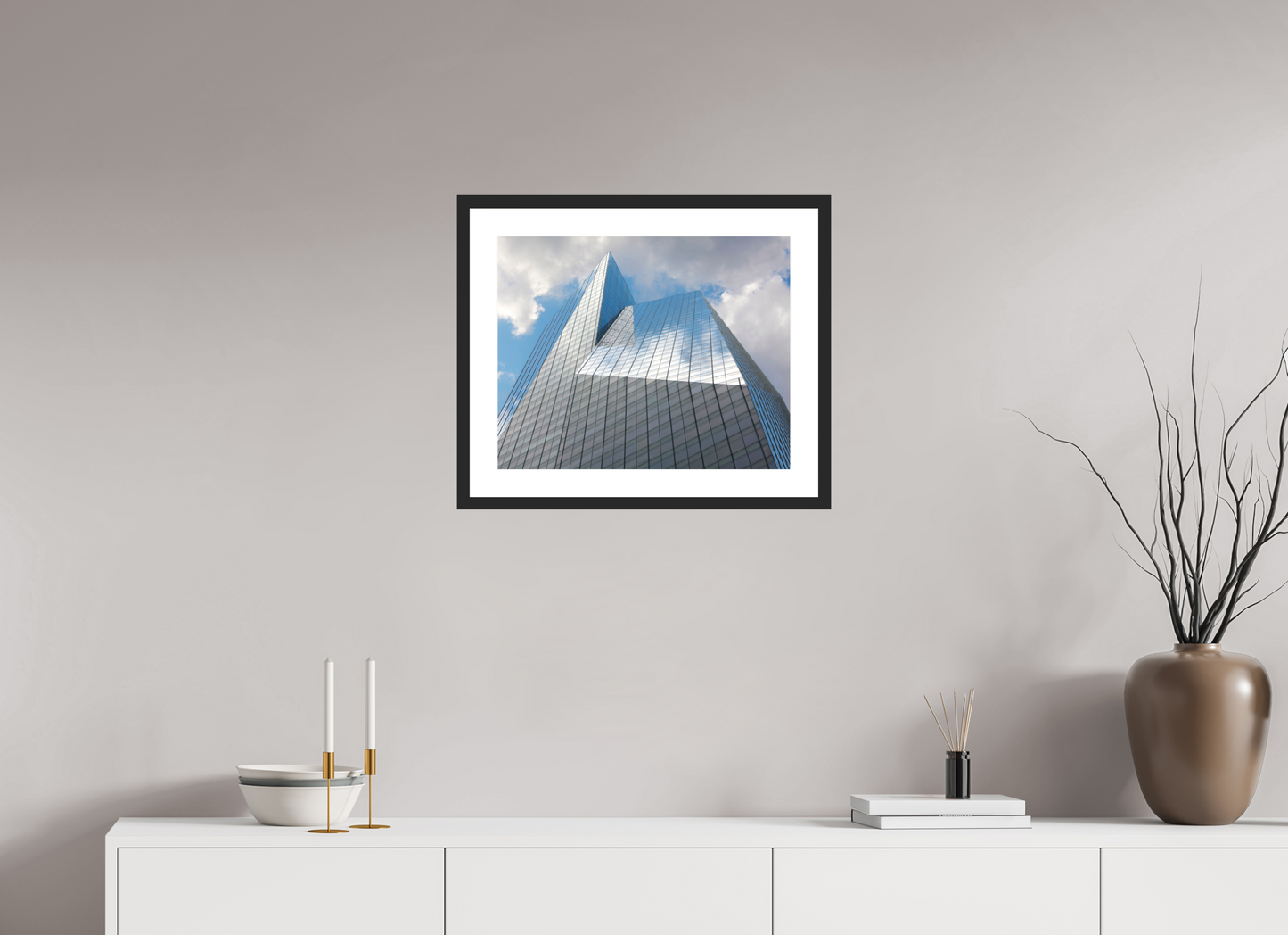 20 x 16″, Solid 0.8" Black Wood Frame With 2" Natural White Passe-Partout with Museum Glass Bank of America Tower