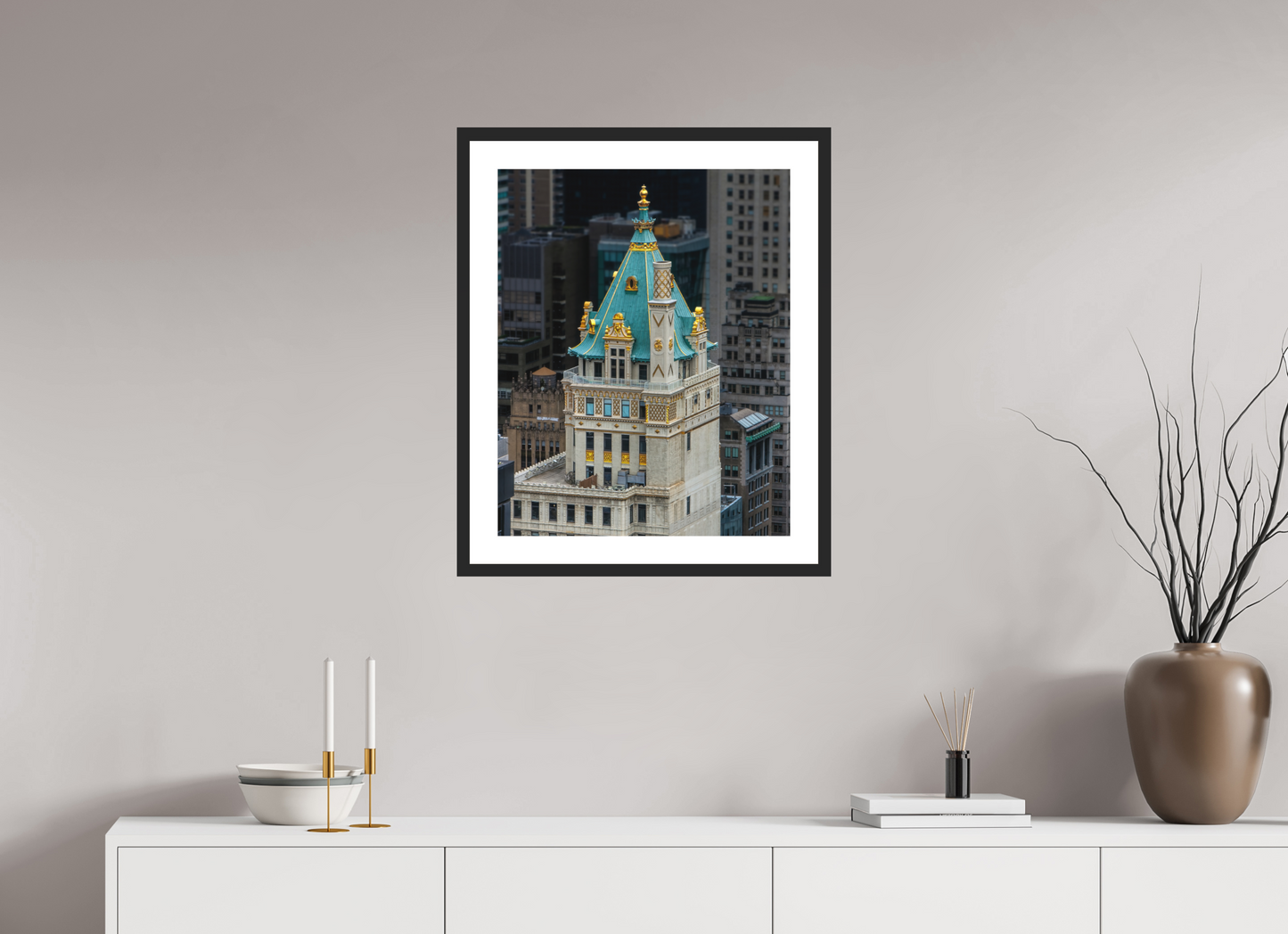 20 x 25″, Solid 0.8" Black Wood Frame With 2" Natural White Passe-Partout with Museum Glass The Heckscher Building