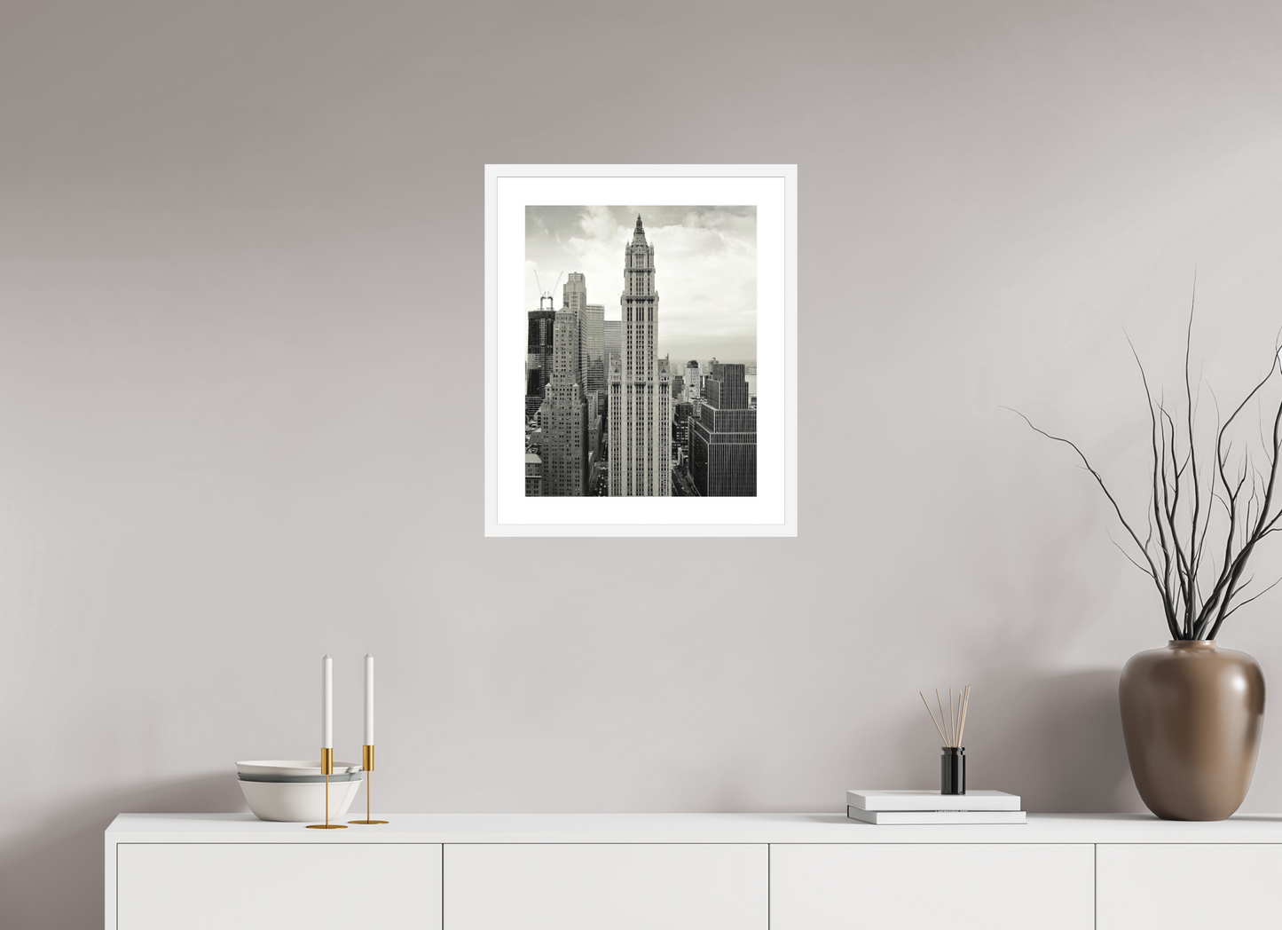 16 x 20″, Solid 0.8" White Wood Frame With 2" Natural White Passe-Partout with Museum Glass The Woolworth Building