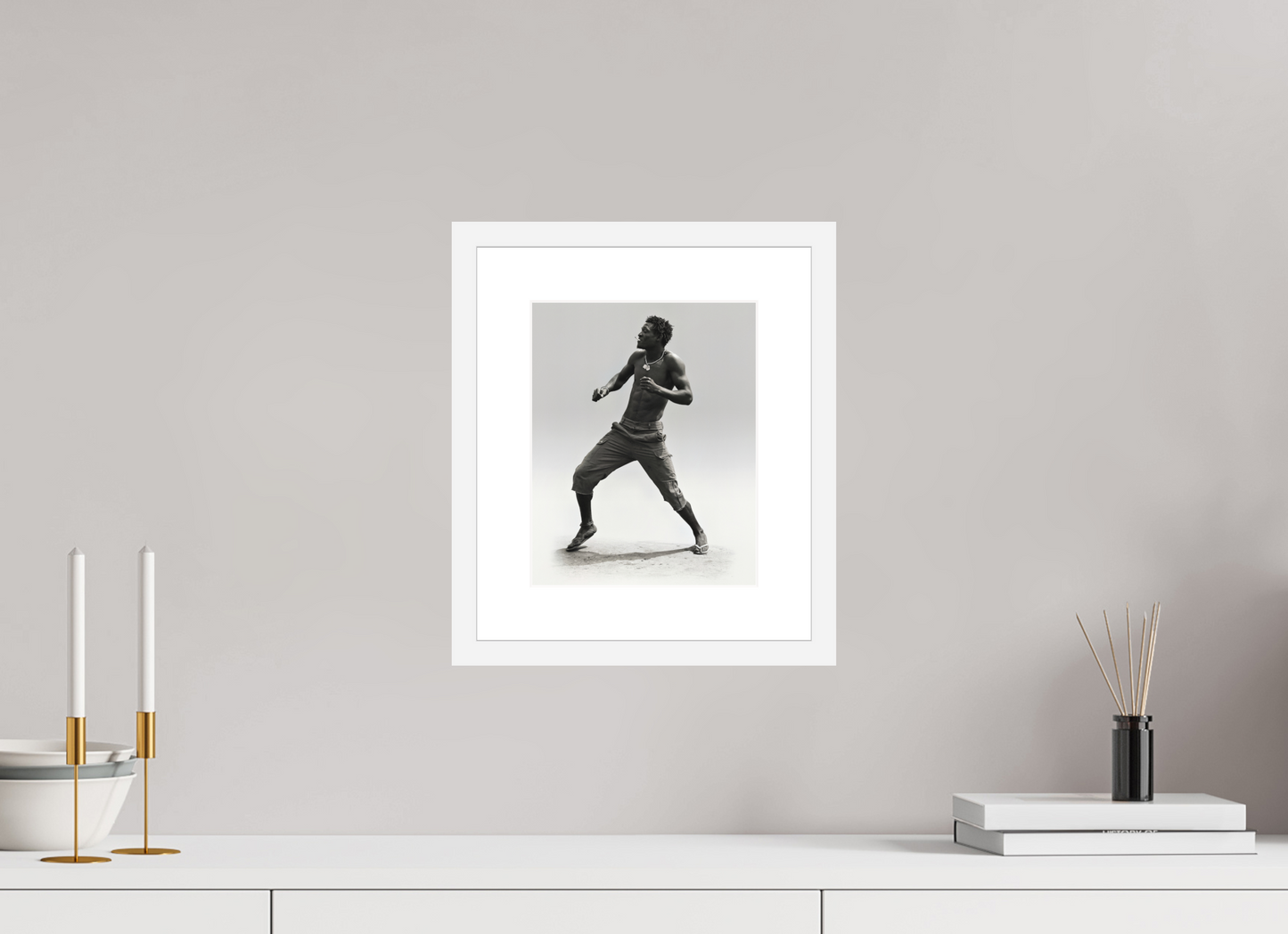 8 x 10″, Solid 0.8" White Wood Frame With 2" Natural White Passe-Partout with Museum Glass Angolan Man Dancing