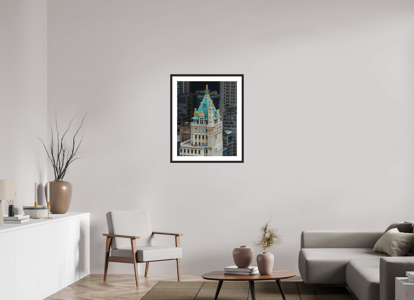 24 x 30″, Solid 0.8" Black Wood Frame With 2" Natural White Passe-Partout with Museum Glass The Heckscher Building
