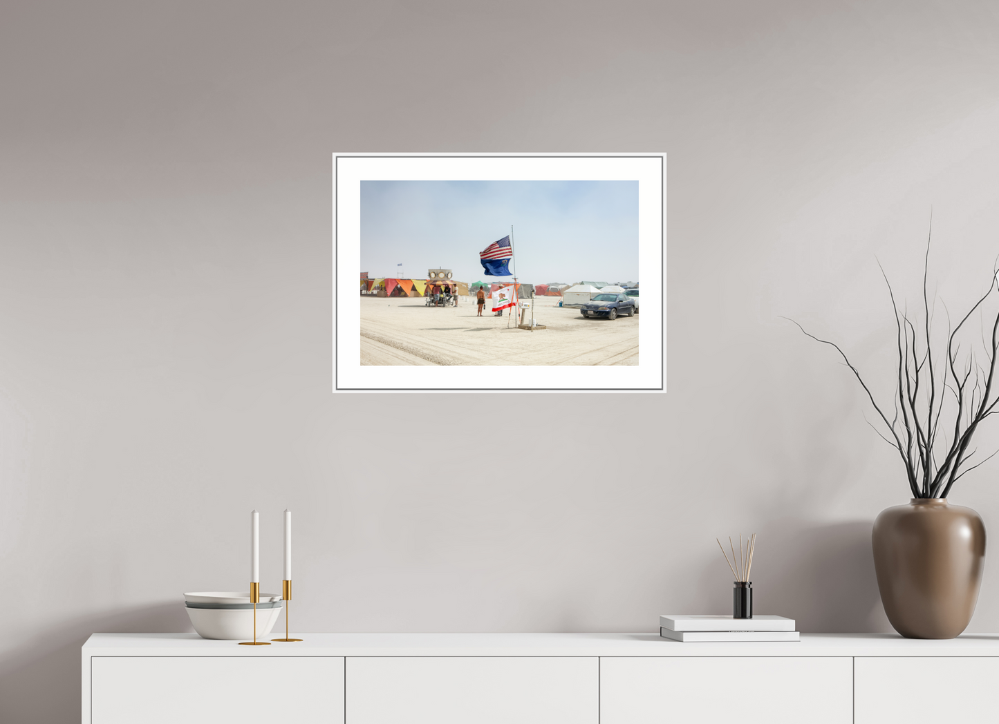 24 x 16″, White Matte Frame Burning Man - Two Flags