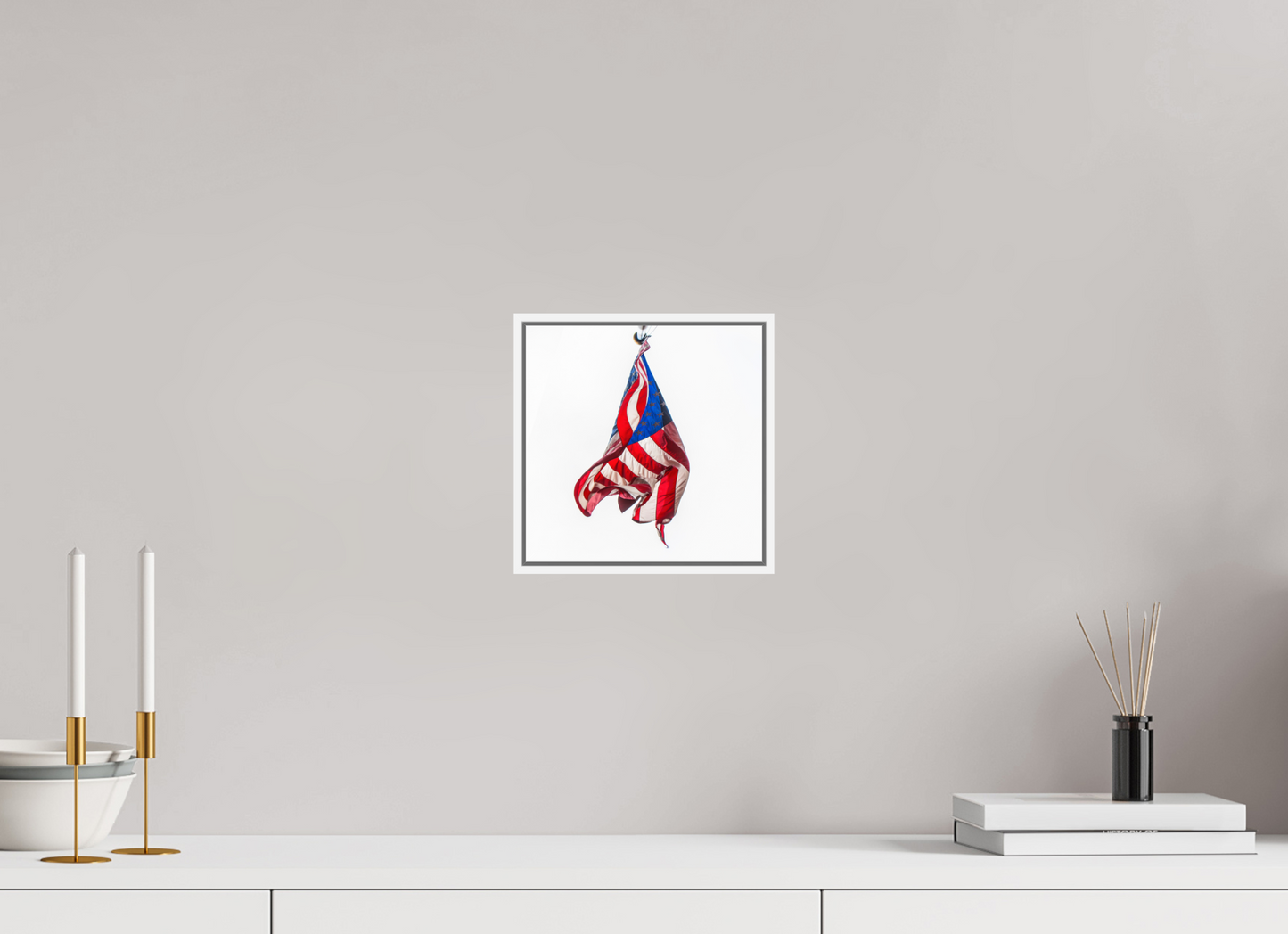 8 x 8″, White Matte Frame, No Border Crumpled USA Flag
