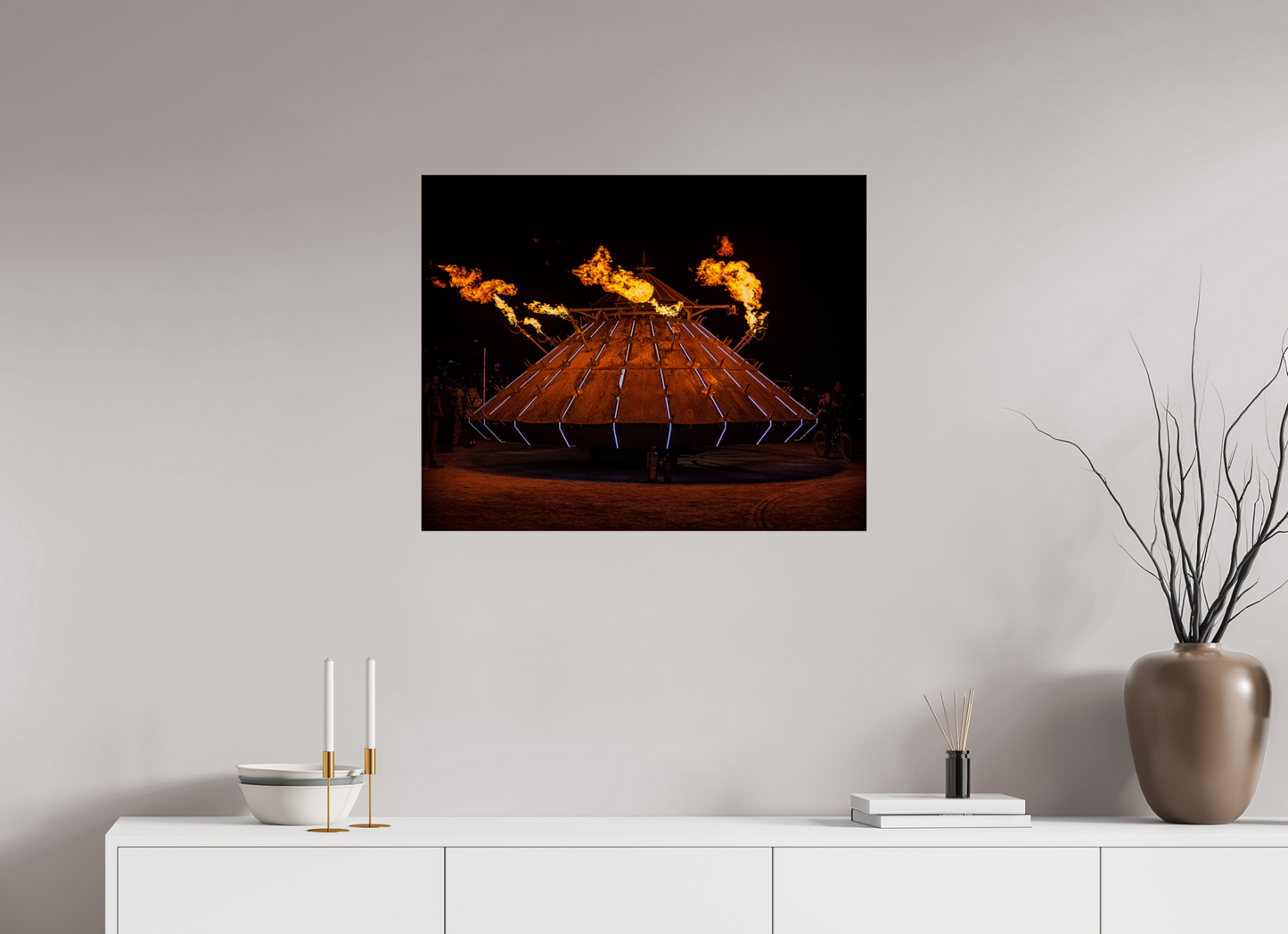 30 x 24″, Frameless Acrylic Glass Burning Man - Da Vinci Tank with Flames