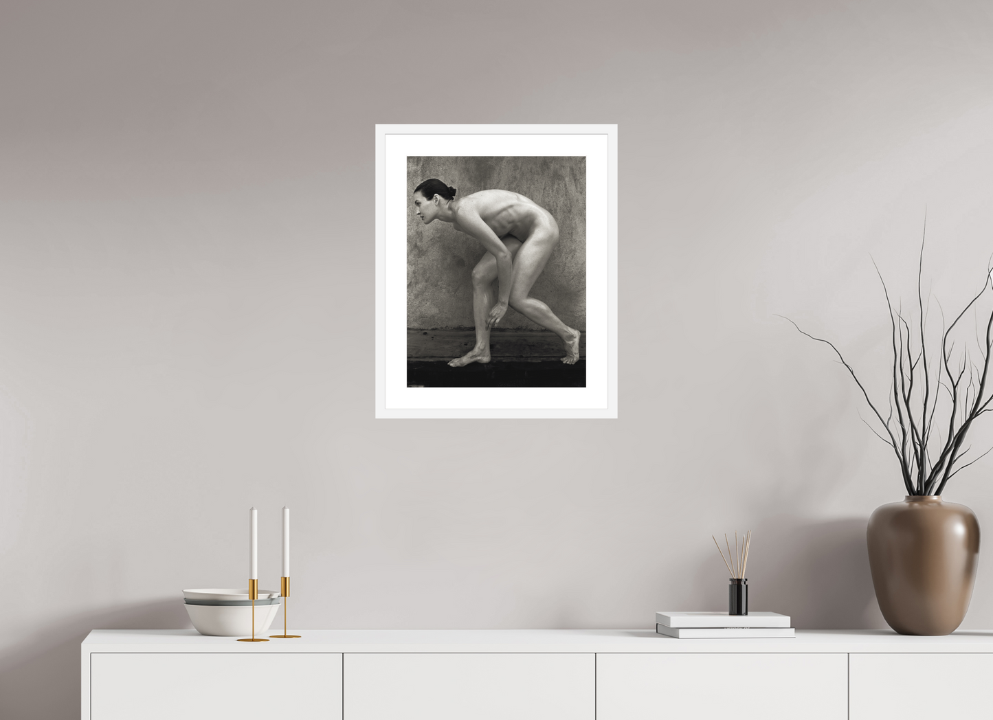 16 x 20.5″, Solid 0.8" White Wood Frame With 2" Natural White Passe-Partout with Museum Glass Nude No. 01E