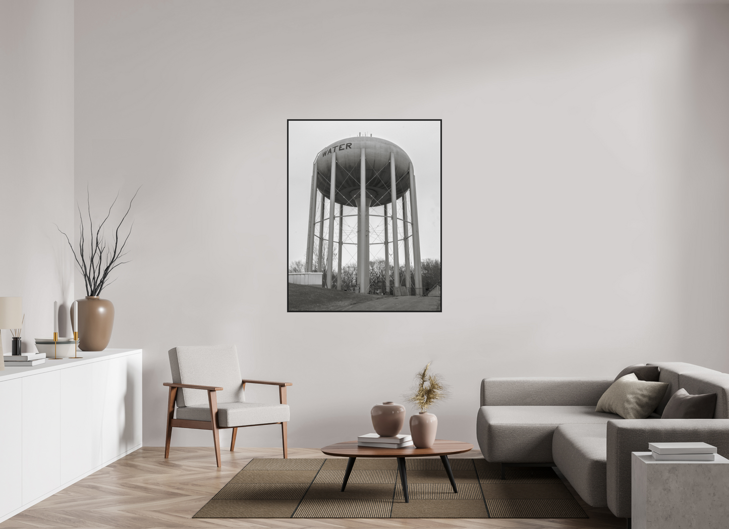 43 x 53.7″, Black Matte Frame, No Border Grey Water Tower