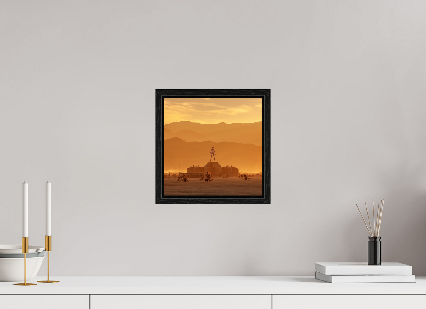 10 x 10″, Floater Frame Burning Man with Mountains