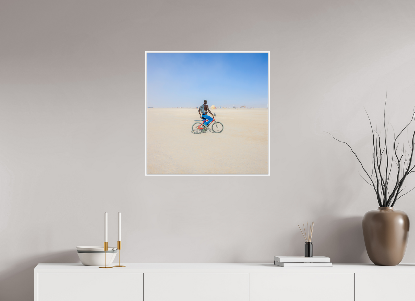 25 x 25″, White Matte Frame, No Border Burning Man - Man on Red Bike