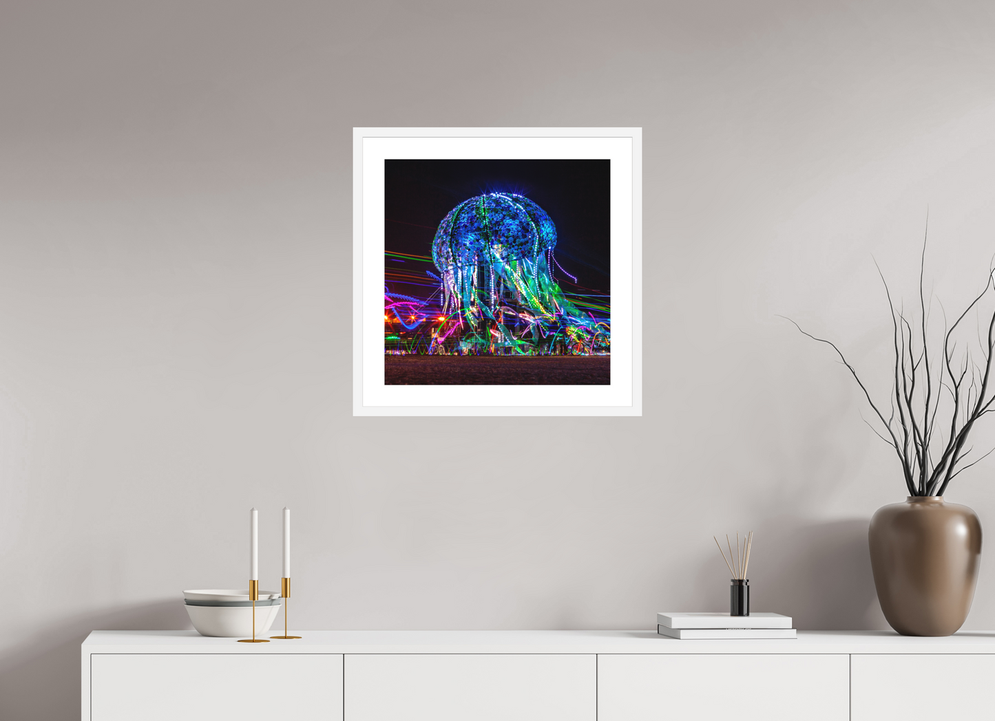 20 x 20″, Solid 0.8" White Wood Frame With 2" Natural White Passe-Partout with Museum Glass Burning Man - Glass Jellyfish (square format)
