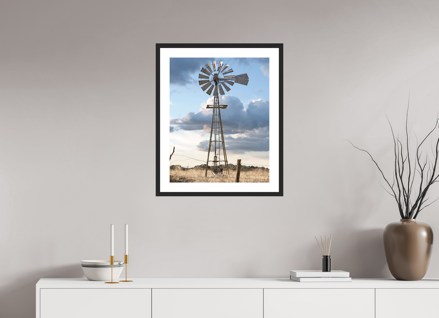 20 x 25″, Solid 0.8" Black Wood Frame With 2" Natural White Passe-Partout with Museum Glass Water Wheel - Cold Springs, CO