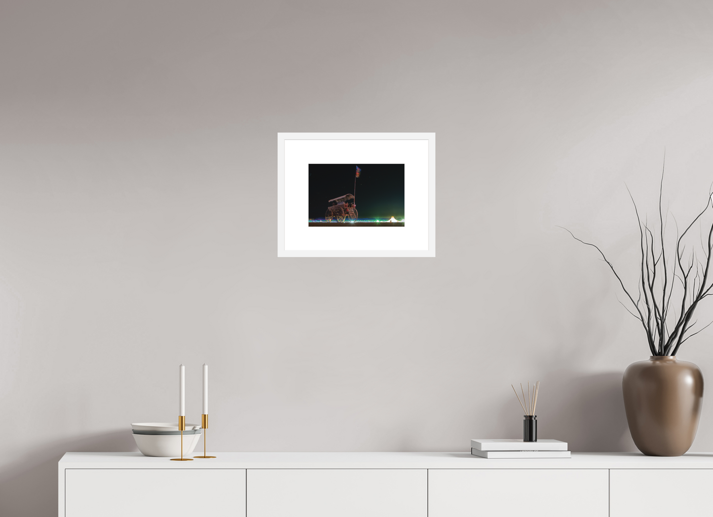 12 x 8″, Solid 0.8" White Wood Frame With 3" Natural White Passe-Partout with Museum Glass Burning Man - Art Car with Flag