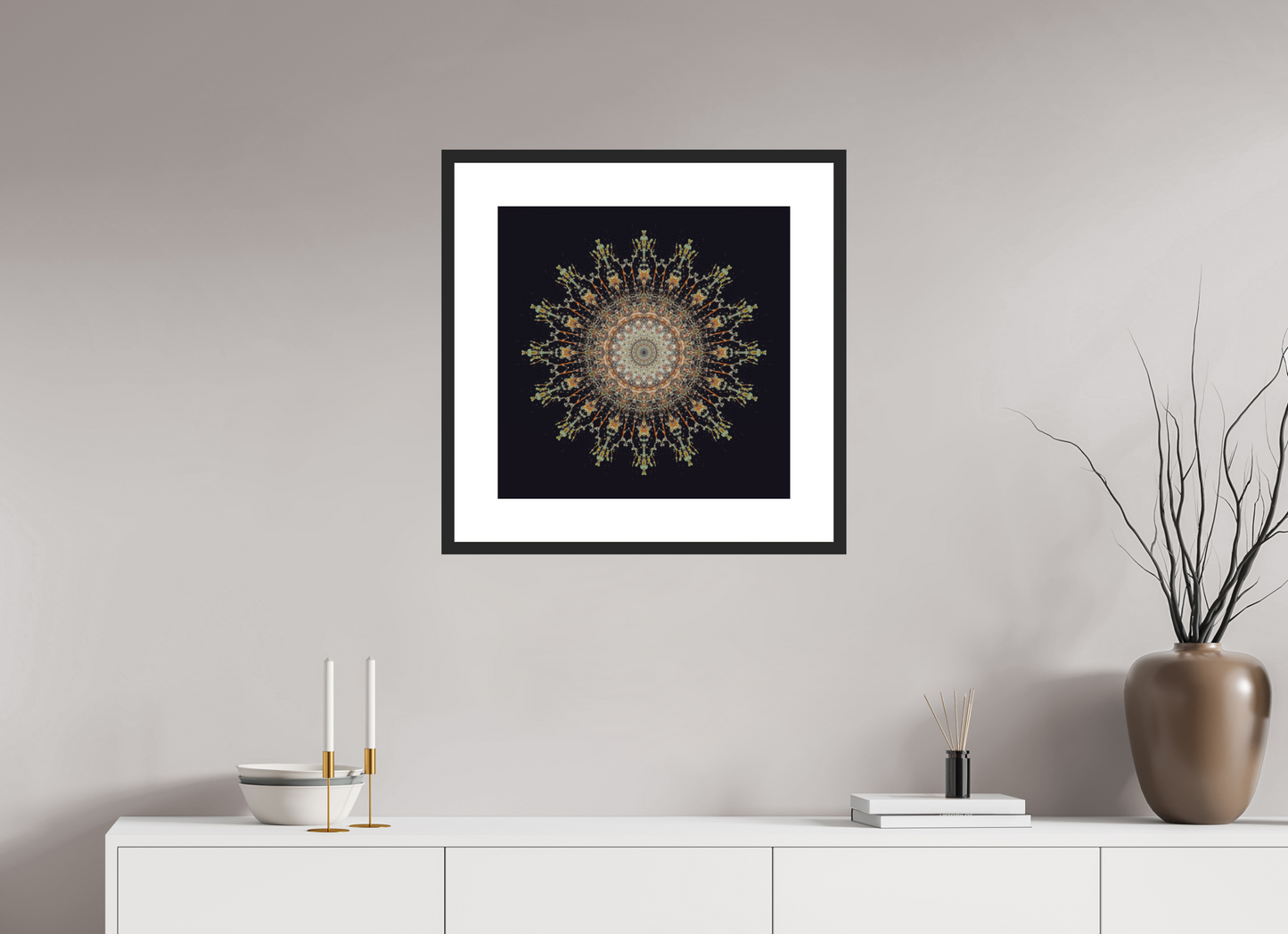 20 x 20″, Solid 0.8" Black Wood Frame With 3" Natural White Passe-Partout with Museum Glass Water Mandala No. 4092