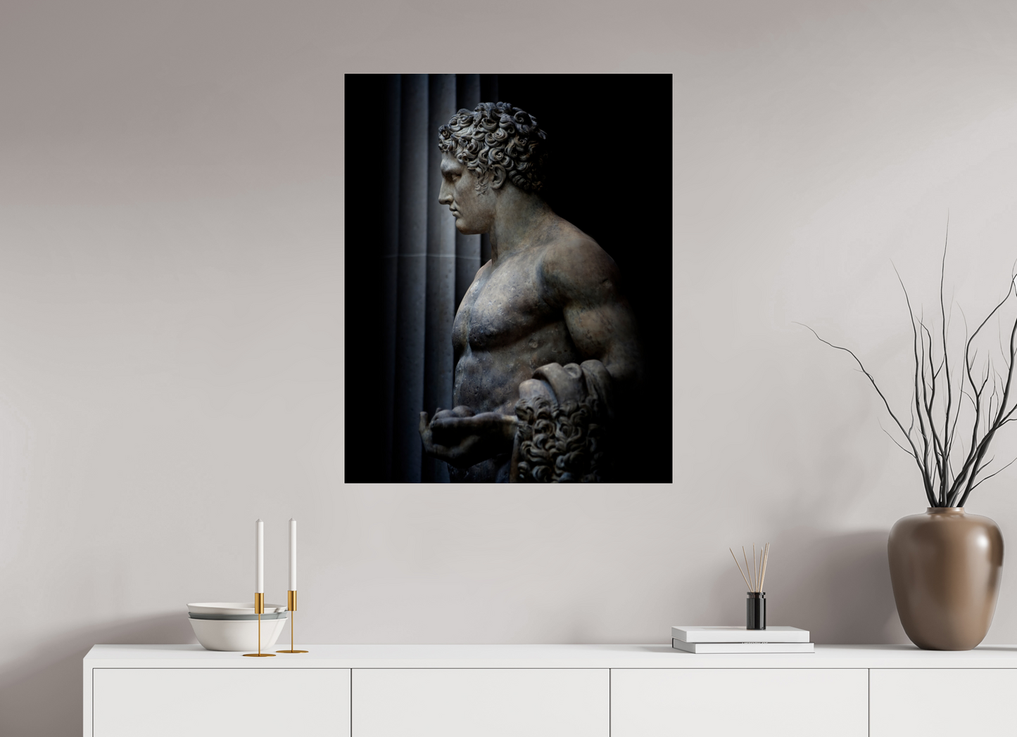 28 x 35″, Frameless Acrylic Glass Hercules Statue