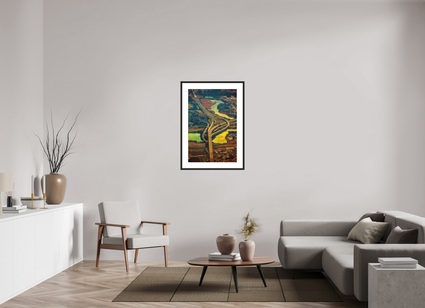 24 x 36″, Solid 0.8" Black Wood Frame With 3" Natural White Passe-Partout with Museum Glass Aerial View of Highway