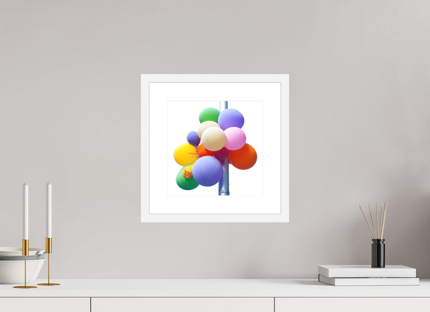 10 x 10″, Solid 0.8" White Wood Frame With 2" Natural White Passe-Partout with Museum Glass Colorful Ballons Tied to a Lamp Post