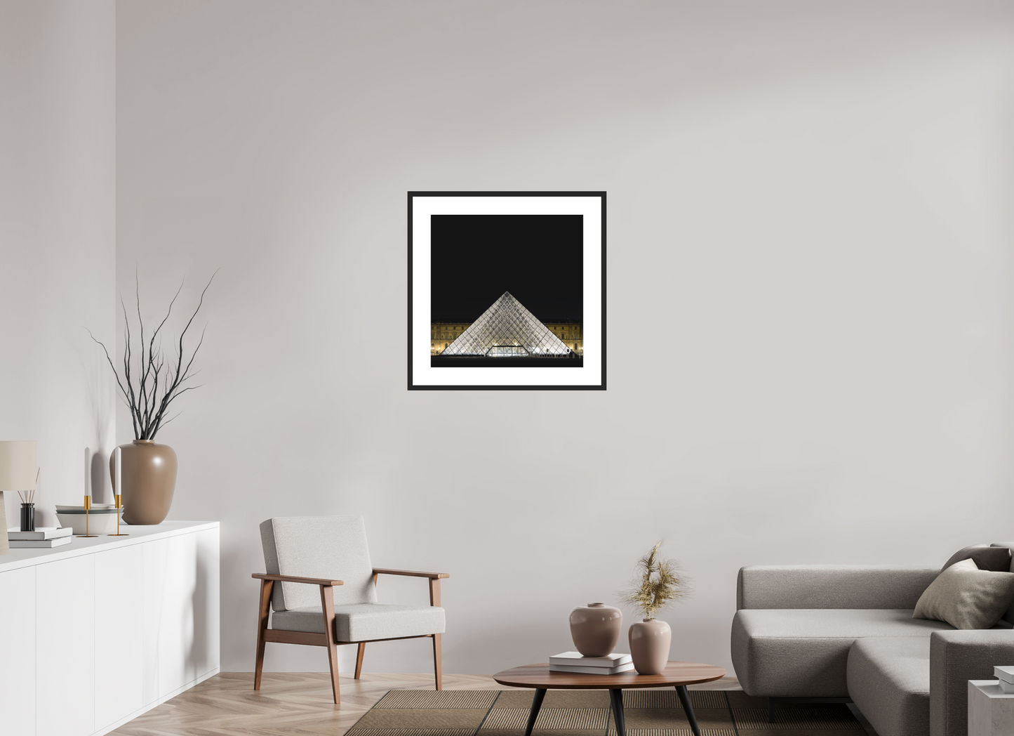 25 x 25″, Solid 0.8" Black Wood Frame With 3" Natural White Passe-Partout with Museum Glass The Louvre Pyramid